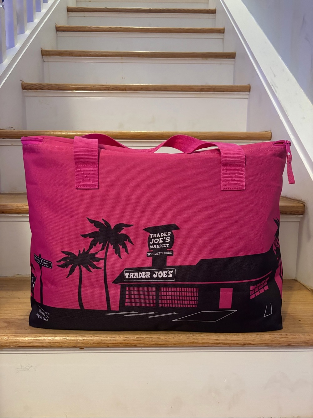 Trader Joe's Pink Reusable Tote Bag with Palm Graphic